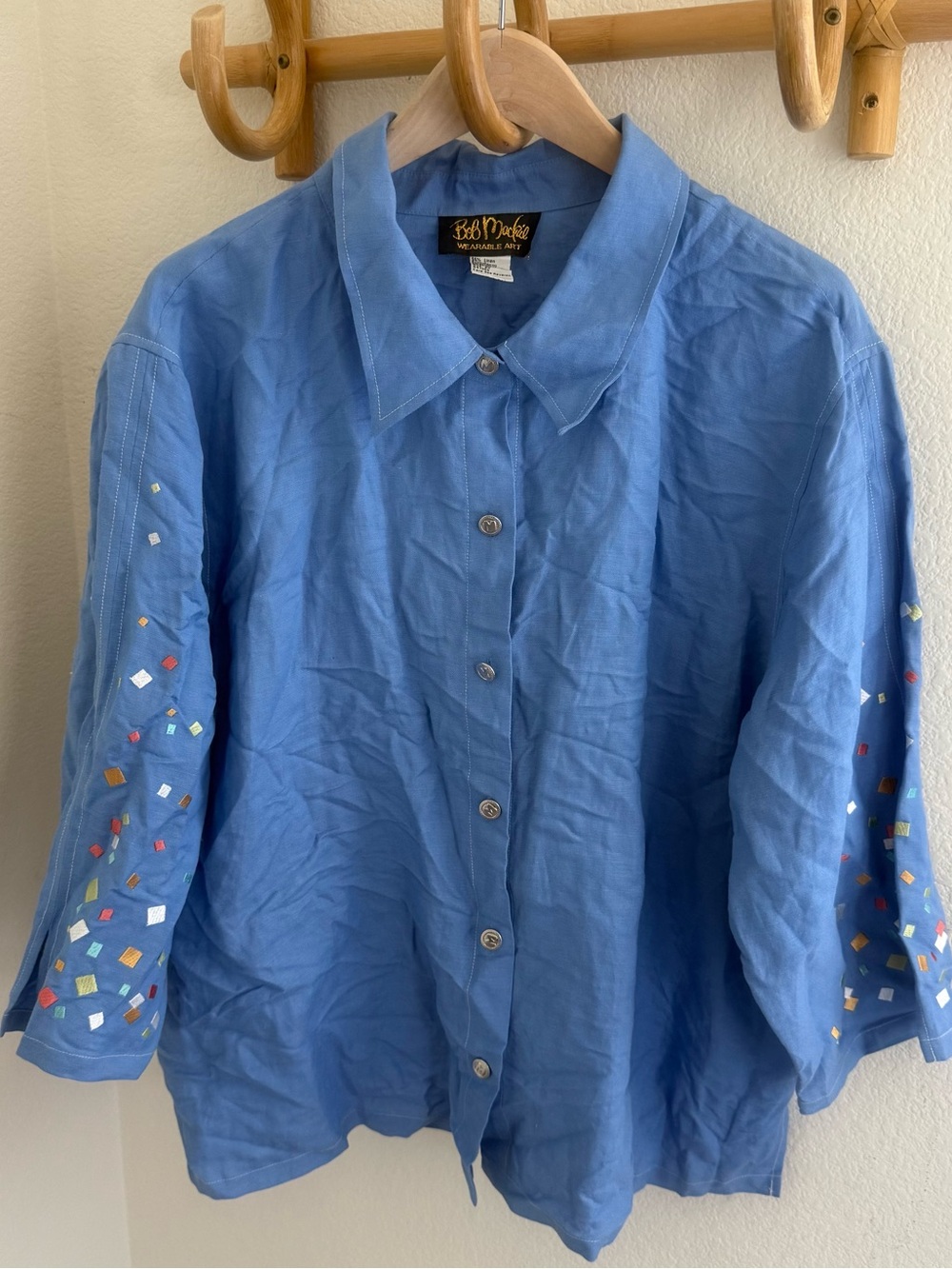 Bob Mackie wearable art vintage blue blouse shirt square embroidery linen blend